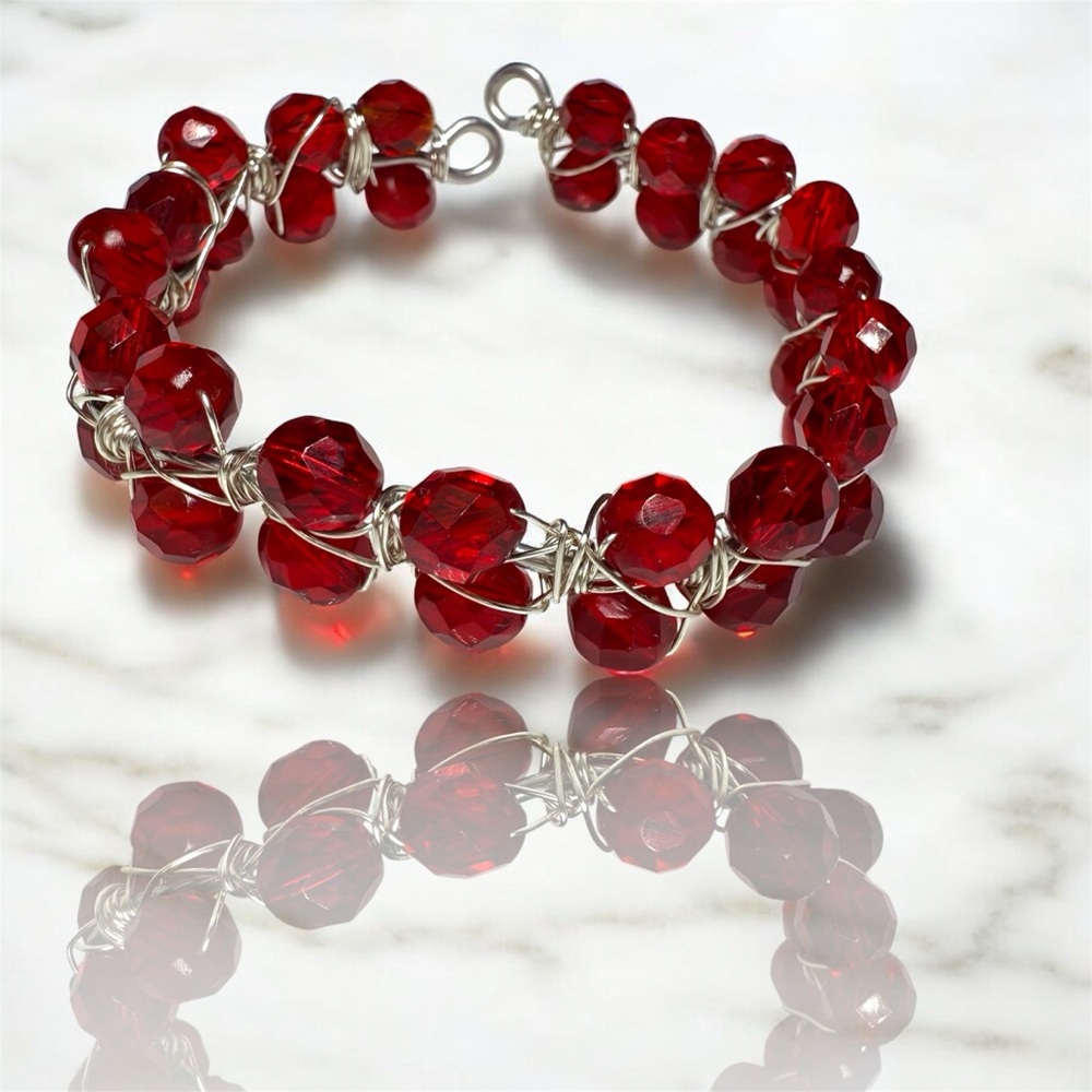 Red Faceted Beaded Wire Wrapped Open Bangle Cuff
